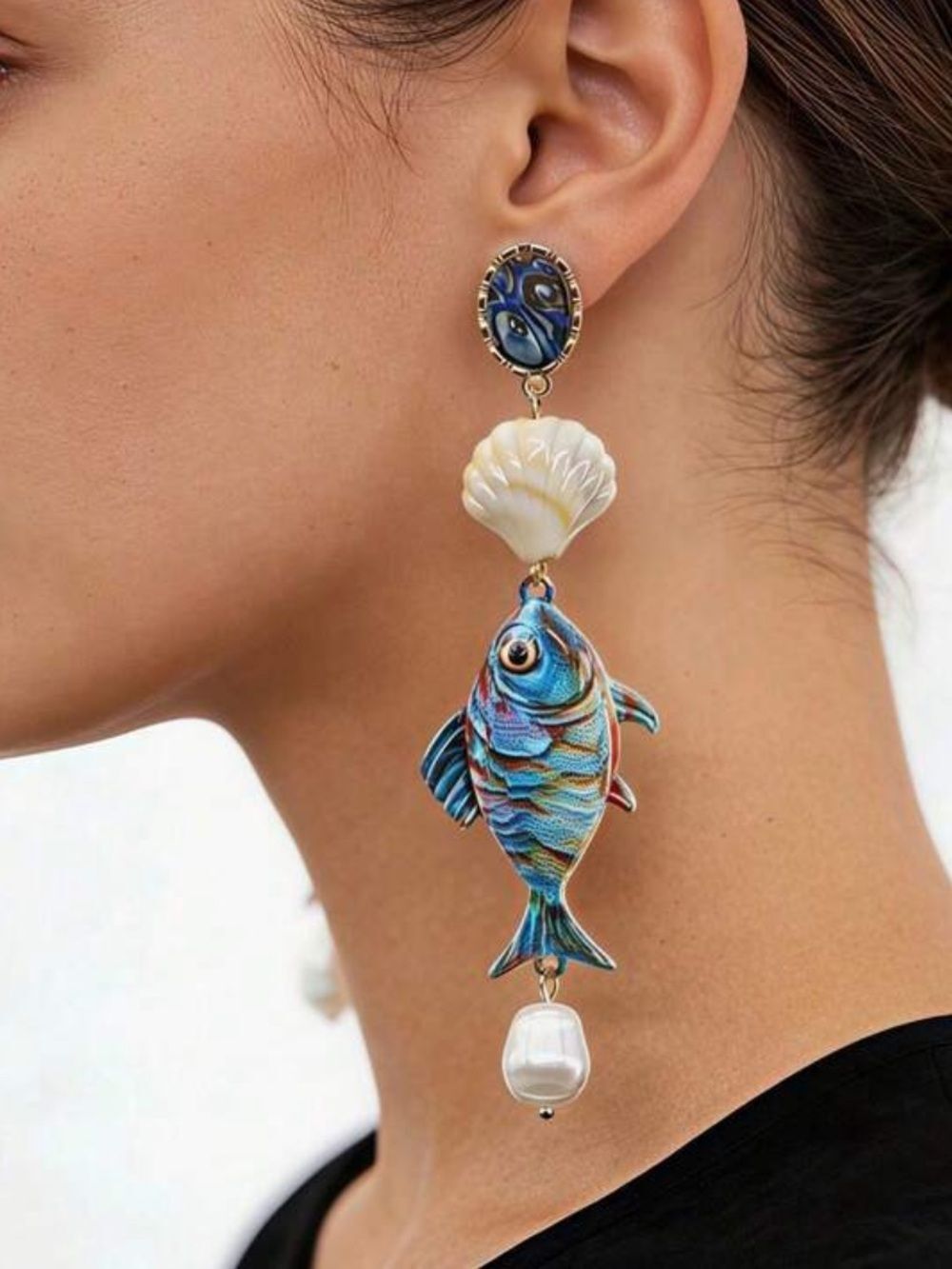 Statement Blue Fish Drop Earrings Q1116